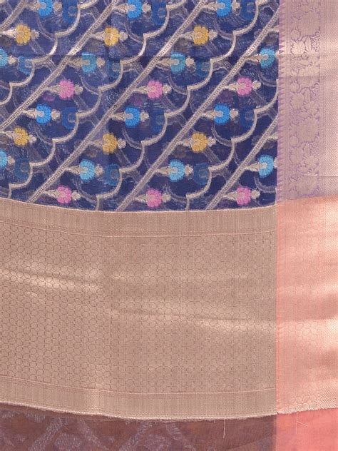 Blue Organza Handwoven Saree With Zari Border – Charukriti