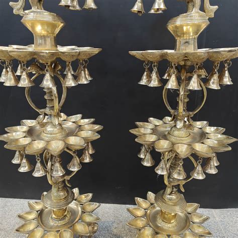 Brass Large Peacock Lamp Diya Pair With Bells & Ghungroos 4 Feet ...