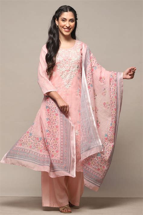 Peach Linen Unstitched Suit Set at Biba India