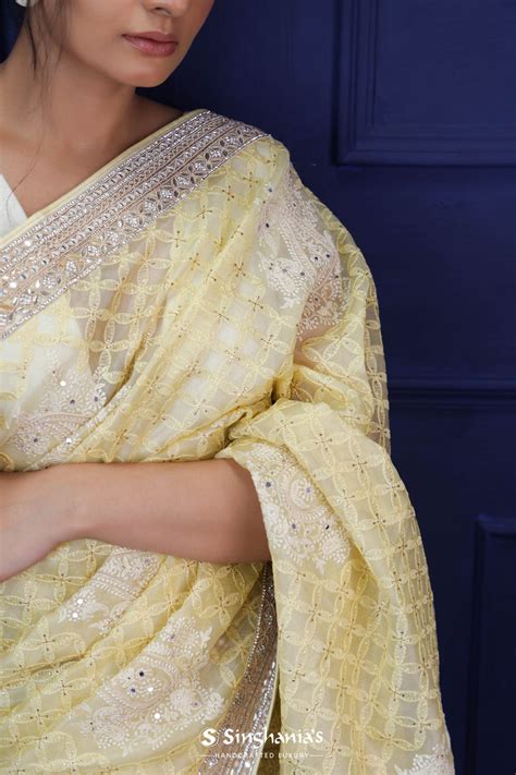 Light Yellow Organza Saree With Hand Embroidery