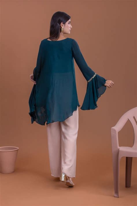 Teal Georgette Embellished Flared Top With Palazzo Set