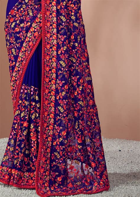 Kashmiri Kali Hand Embroidery Blue Georgette Saree – Sunasa