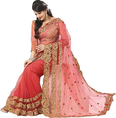 Buy Beautiful Peach Saree Embroidry Stone Work Net Sari at Amazon.in