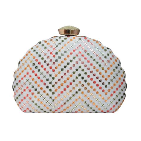 Artklim White Sequins Embroidered D-shape Clutch