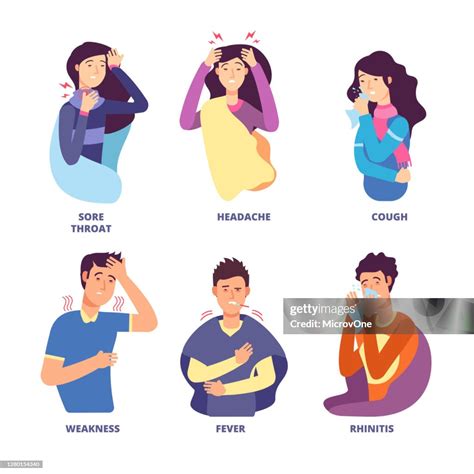Flu Symptoms People Demonstrating Cold Sickness Fever Cough Snot Chills ...