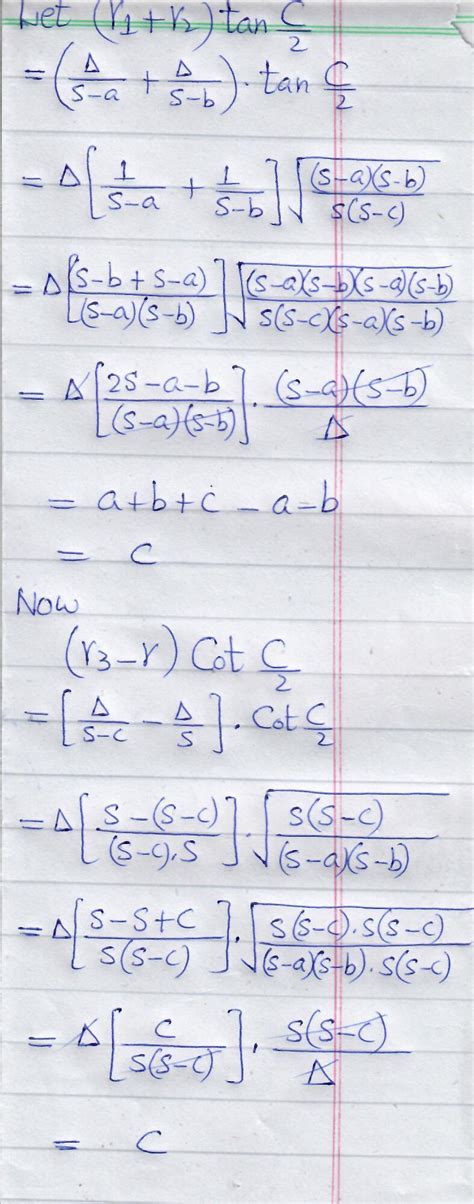 In ΔABC, show that [tex](r_1 + r_2)tan\frac{C}{2} = (r_3 - r)cot\frac{C ...