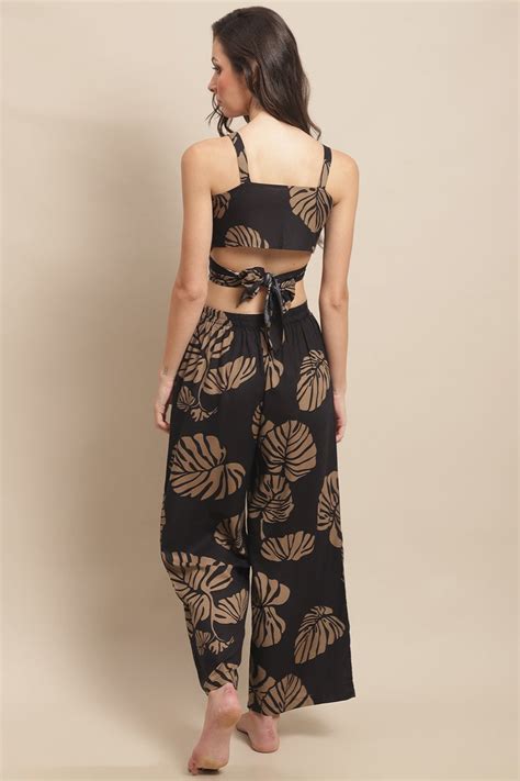 Black Color Leaf Printed Viscose Rayon Beachwear For Woman