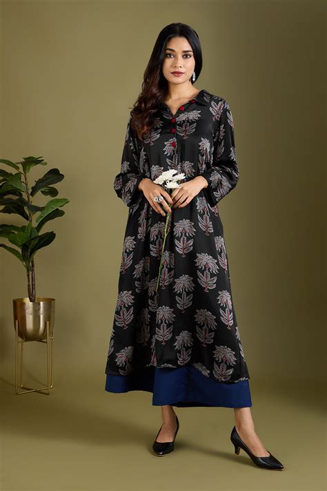 Ebony Palm Ajrakh Modal Silk Long Shirt Dress - maati crafts