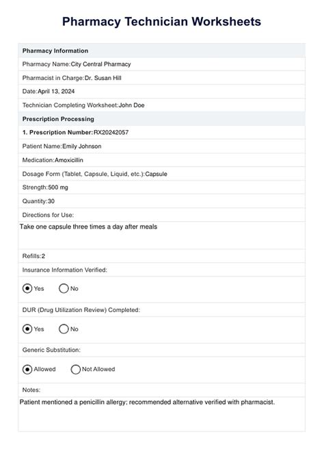 Pharmacy Technician Worksheets & Example | Free PDF Download