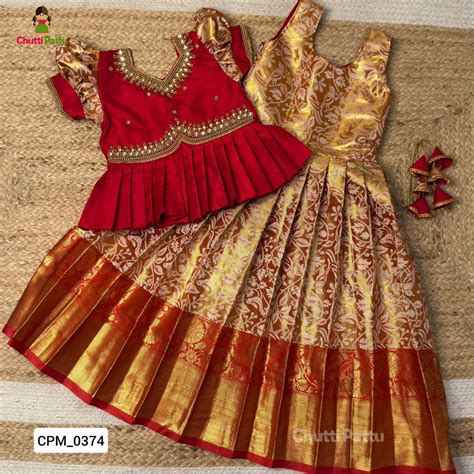 Golden Red Premium Aari Work Peplum Pattu Pavadai | CPM_0374 – ChuttiPattu
