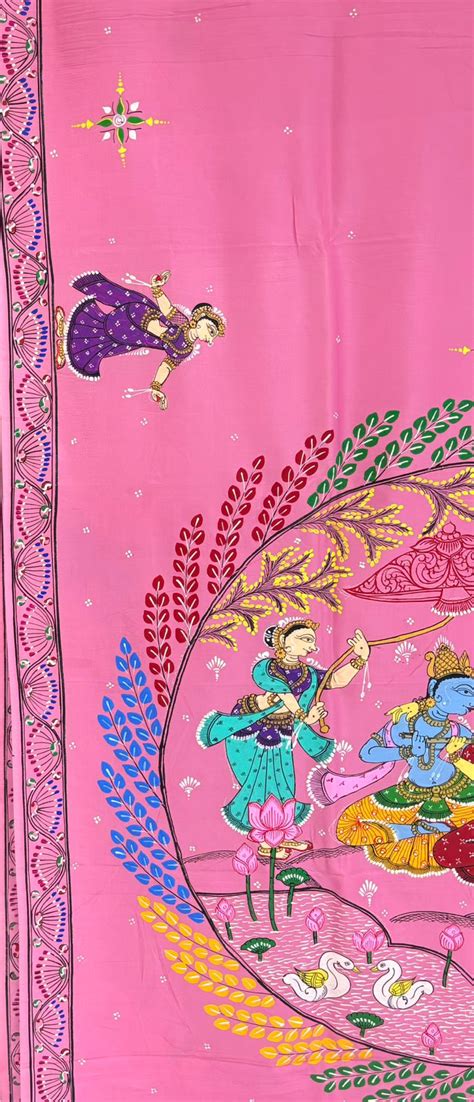 Pink Krishna Rasa Leela Theme Hand-Painted Pattachitra Saree – IndianVillèz