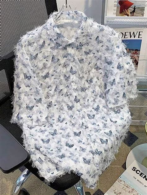 Butterfly Detail Frayed Tassel Trim Short Sleeve Shirt | SHEIN USA