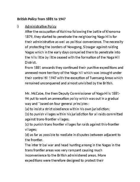 British Administrative Policy 1881-1947: Naga Hills Focus - Studocu