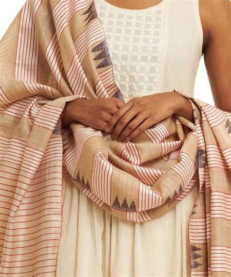 Beige pink striped handwoven kosa silk dupatta – GoSwadeshi