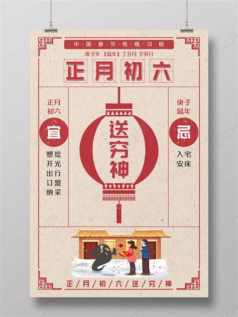 红色系列2020鼠年正月初六送穷神春节习俗大年初一至初七图海报图片下载 - 觅知网