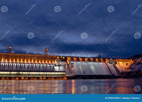 The Hydro Power Electo Station on the River Yenisey in Siberia at Night ...