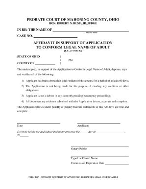 Fillable Online PROBATE COURT OF MAHONING COUNTY, OHIO AFFIDAVIT IN ...