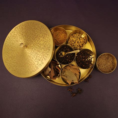 Buy Spillbox Handcrafted Pure Brass Engraved design Spice Box Set For ...
