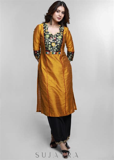 Mustard Cotton Silk Kurta with Brocade Yoke-Pant Optional – Sujatra