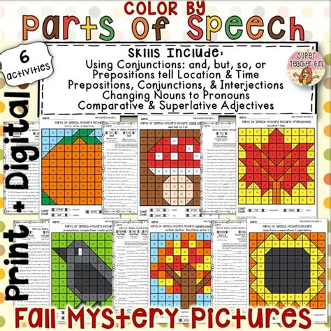 BUNDLE Color by Number Parts of Speech & Grammar Mystery Picture Activities