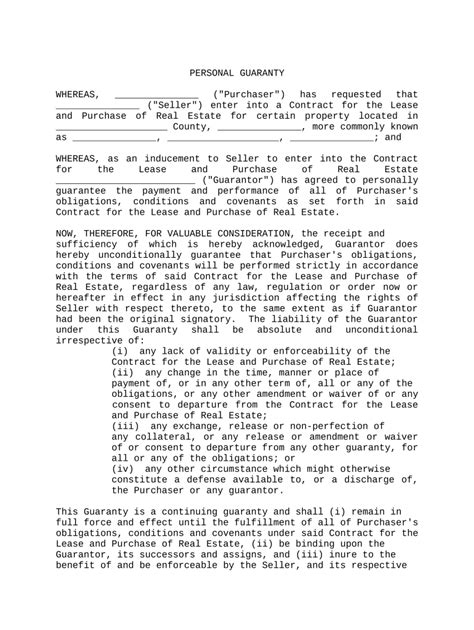 Personal Guaranty - Guarantee of Contract for the Lease and Purchase of ...