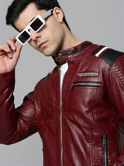 SHOWOFF Men Red Solid Leather Jacket