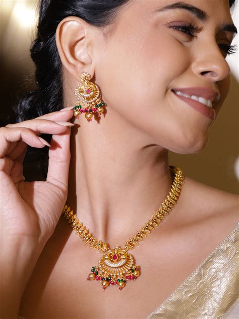 Gold Toned Leaf Design Beaded Necklace Set – Rubans