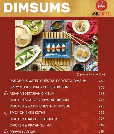 Menu at Asia Central, New Delhi