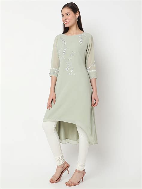 Buy Now Women's Sage Green Georgette Embroidered Kurta