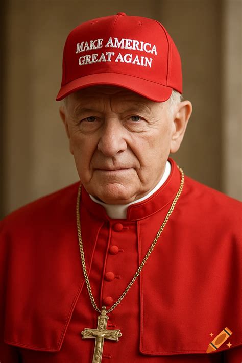 Photorealistic portrait of a Catholic cardinal wearing a red "MAKE ...