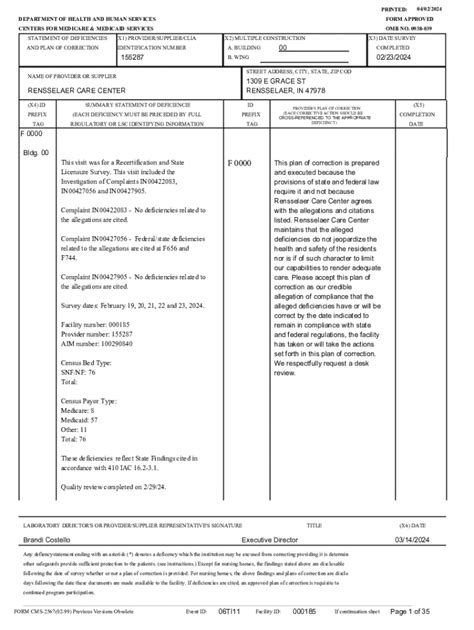 Fillable Online Statement of Deficiencies and Plan of Correction Fax ...