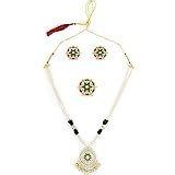 Buy Zaveri Pearls Green & Pink Stones Floral Long Necklace Earring ...