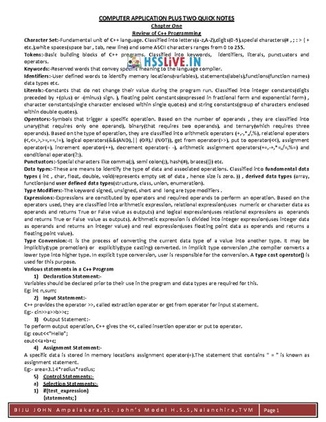 COMPUTER APPLICATION PLUS TWO QUICK NOTES: Programming Concepts Review ...