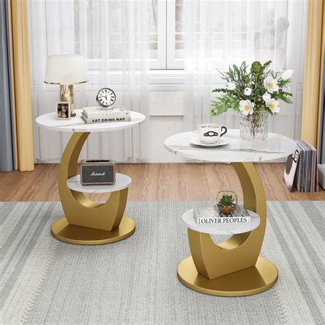 Mercer41 2-tier White Marble End Tables, Set of 2 Nightstands for ...
