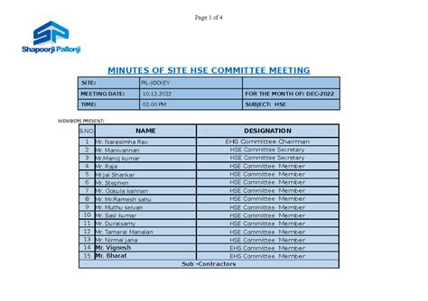 Minutes of HSE Committee Meeting - PIL-Jockey site - MINUTES OF SITE ...