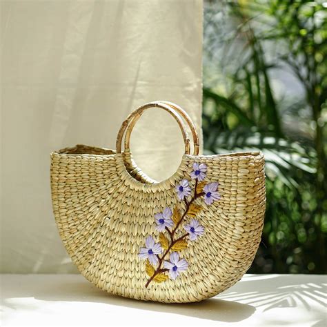 Beige Handcrafted Natural Water Reed Embroidered Hand Bag
