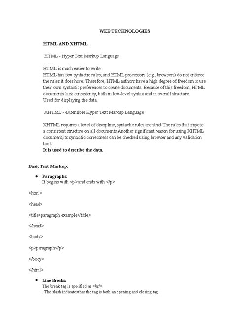 Web notes 2 - WEB TECHNOLOGIES HTML AND XHTML HTML - Hyper Text Markup ...
