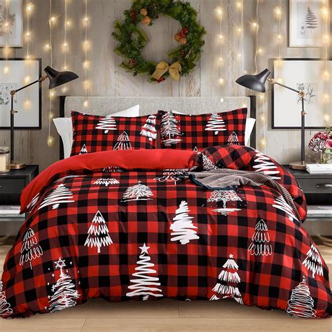 Dobuyly Christmas Duvet Cover King Size, Red Plaid Christmas Tree ...