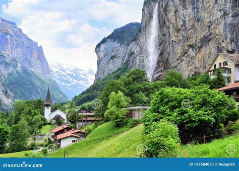 Famous Village of Great Waterfall Lauterbrunnen in Swiss Alps Stock ...