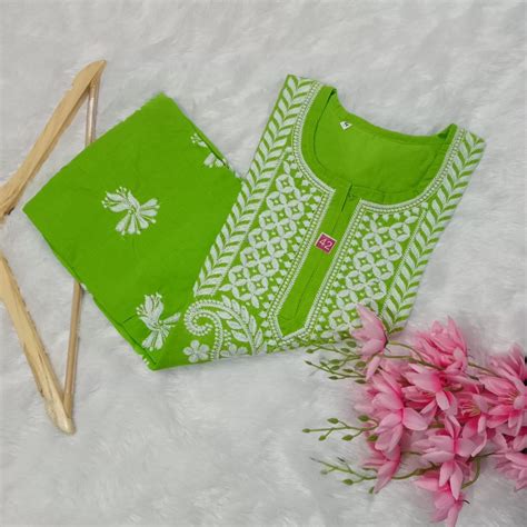 Cotton Machine Work Chikankari Kurti - Parrot Green Colour – Chikankaar