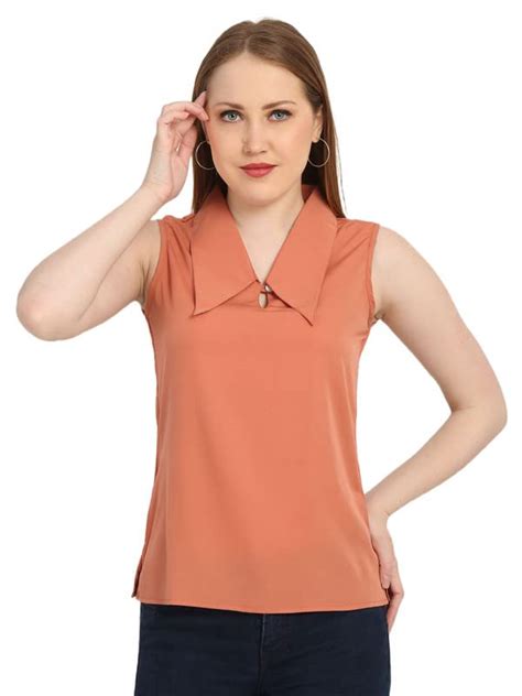 Thisbe Women's Peach Color Sleeveless Casual/Formal Long Collar Top ...