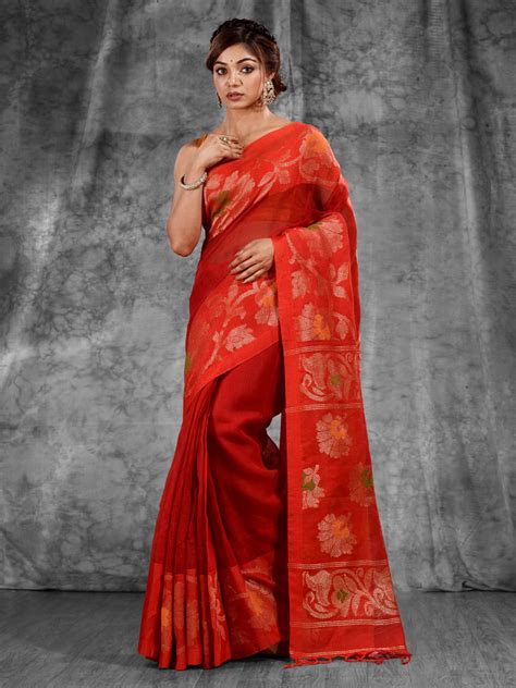 Red Linen Soft Handwoven Saree With Floral Design – Charukriti