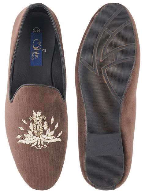 STYLE SHOES Brown Gold Toned Embroidered Suede Loafers Shoes for Men ...