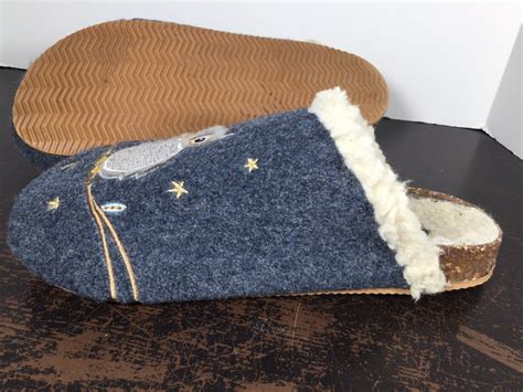 Lands End Womens Size 9B Blue Owl Felt Scuff Sherpa Lined Slip On Slide ...