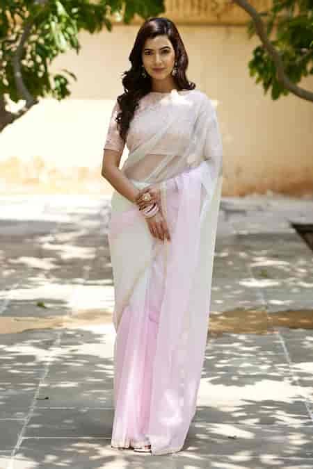 Buy Pink Organza Pearls Work Bordered Saree With Unstitched Blouse ...