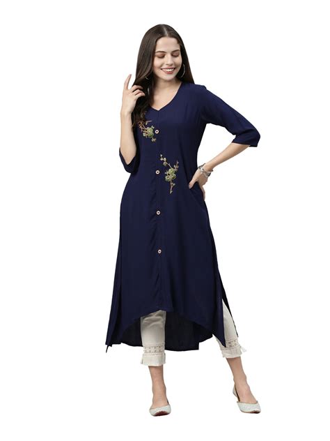 Neerus Women Navy Blue Green Phulkari Embroidered Floral Front-Slit A ...