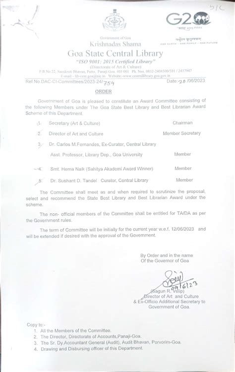 Best Library-Librarian Award Selection Committee | Krishnadas Shama Goa ...