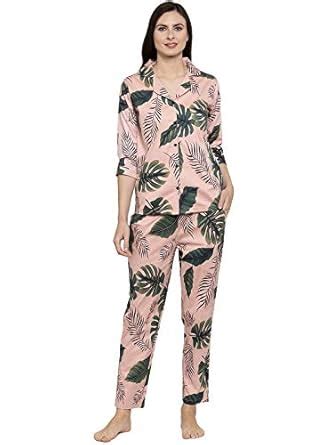 Buy Claura Women Cotton Printed Nightsuit Set Lower with Front Open ...