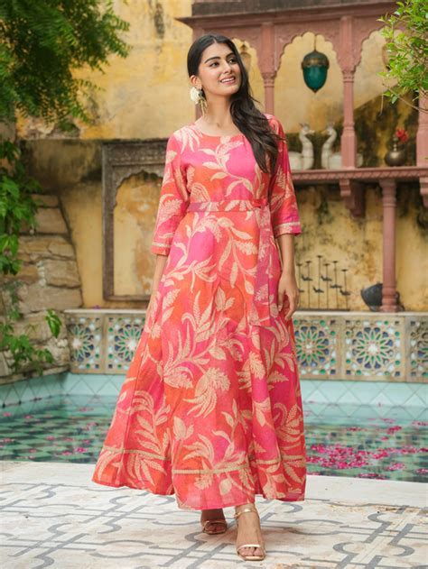 Buy Orange Floral Anarkali Muslin Dress TP3638T | Aramya