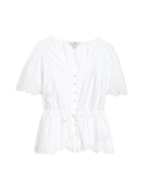 Buy Pure Cotton Broderie V-Neck Tie Front Blouse at Marks & Spencer